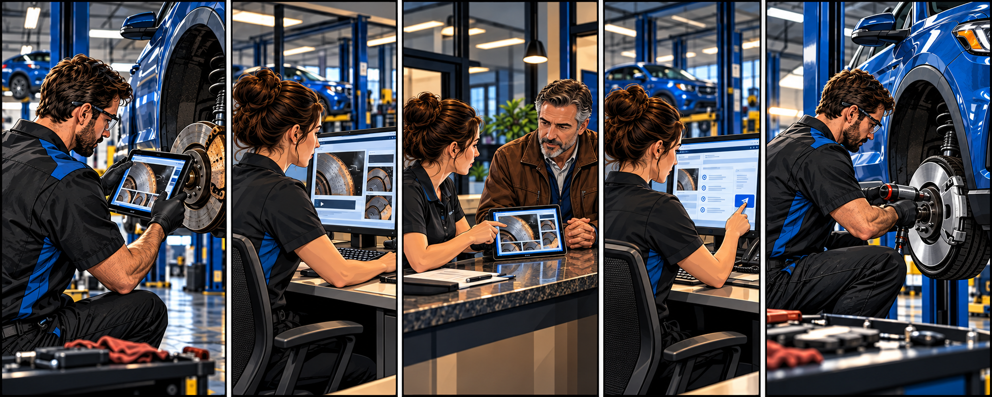Five scenes: technician captures a brake inspection on a tablet; service writer reviews it; the same service writer discusses the finding with one customer; she confirms the repair order; the technician completes the brake repair.