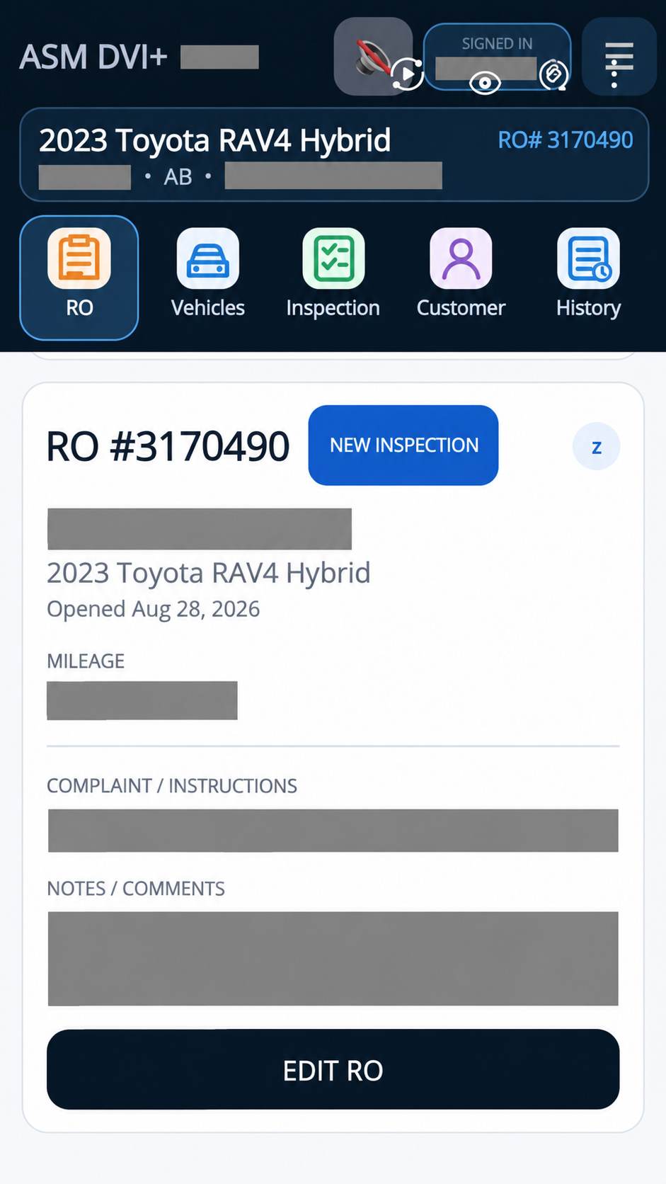 ASM1 Android technician view of the same repair order 3170490; identifying details obscured