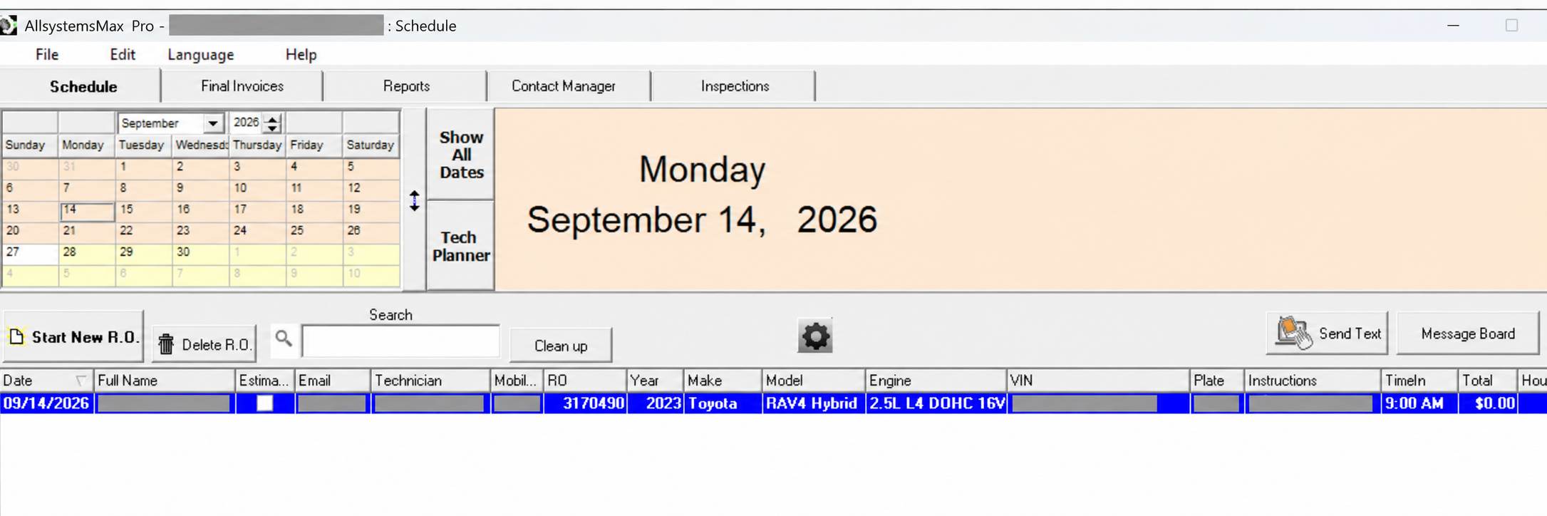 ASM1 Desktop schedule with repair order 3170490 selected; identifying details obscured