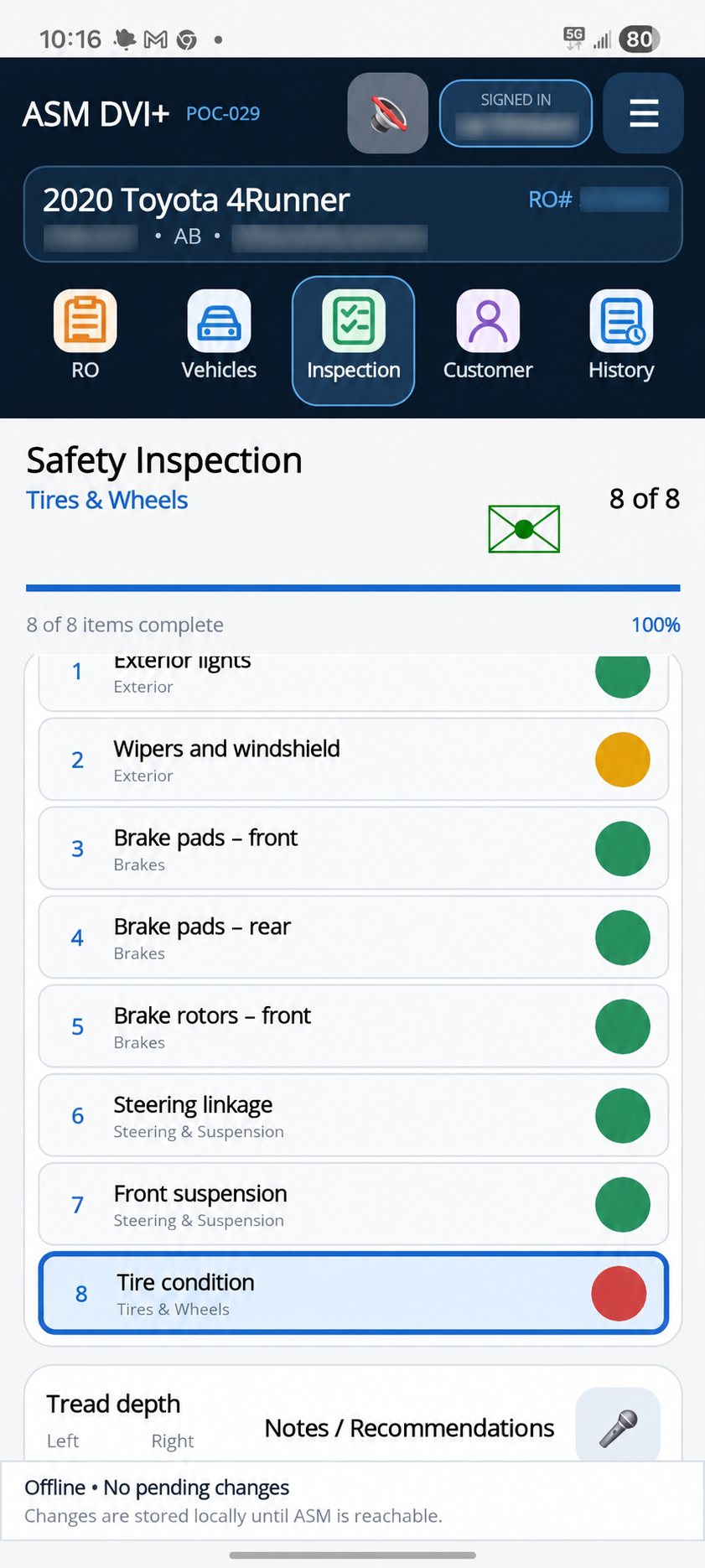 ASM1 Android safety inspection showing eight completed checks with green, yellow, and red findings; identifying details obscured